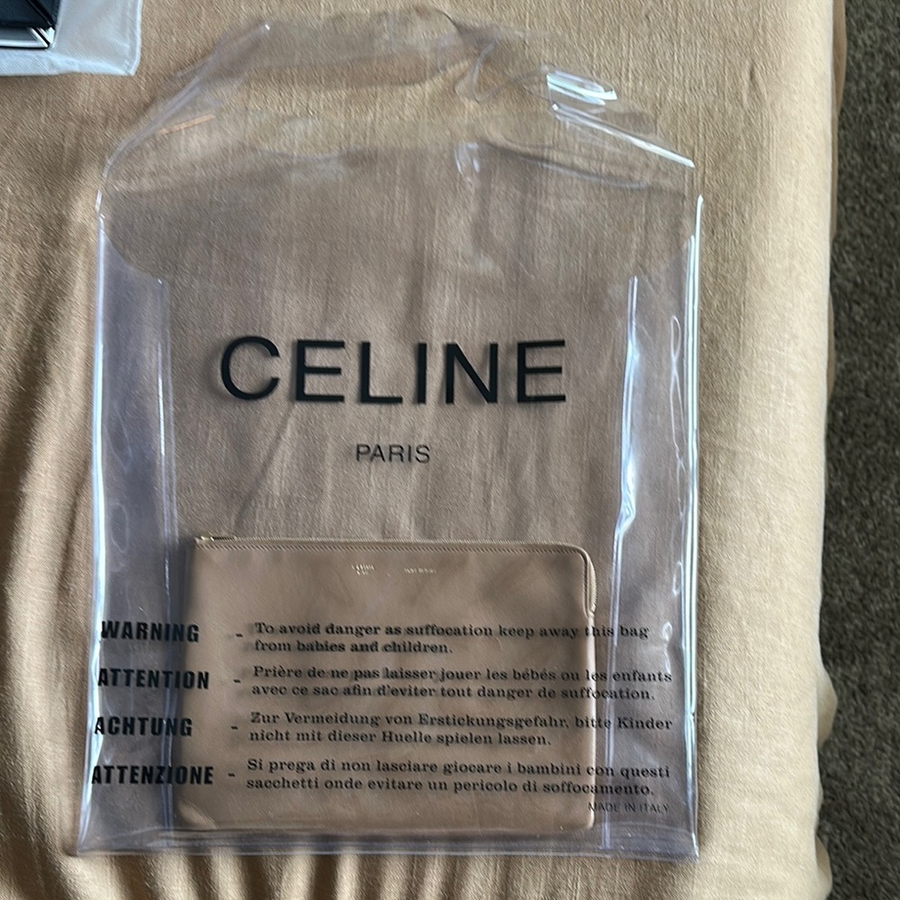 Celine Clear Bag with cosmetic pouch in tan leather